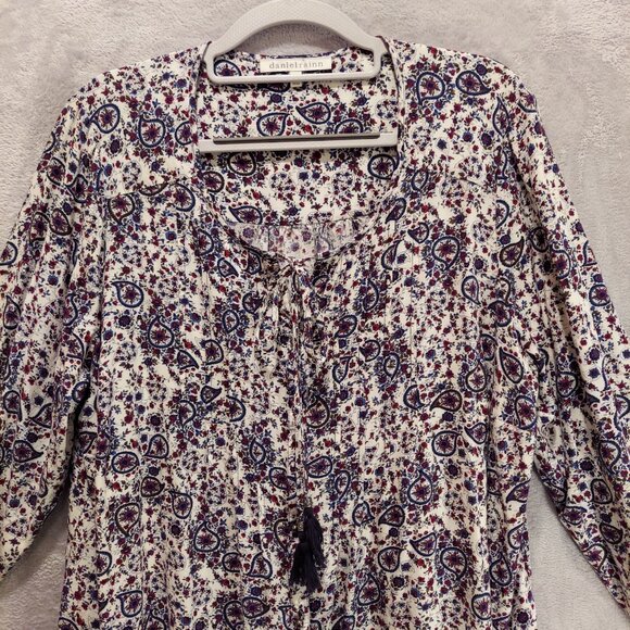 Daniel Rain Blouse womens 1x Peasant roll tab floral tie tassels silver buttons - Picture 3 of 15